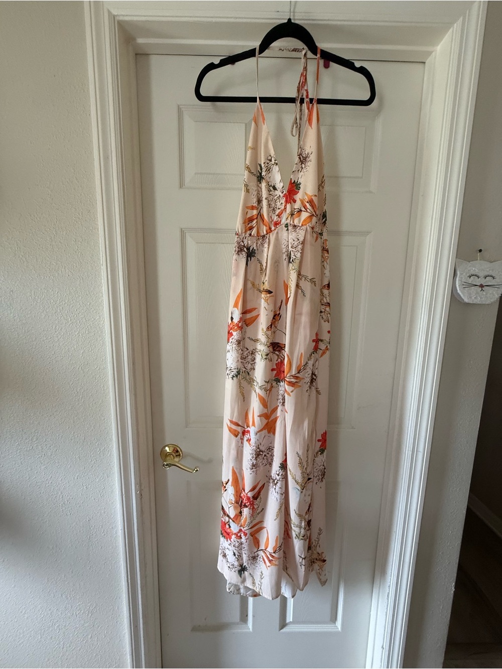 Simplee Apparel Blush Floral Halter Maxi Dress with Orange Accents